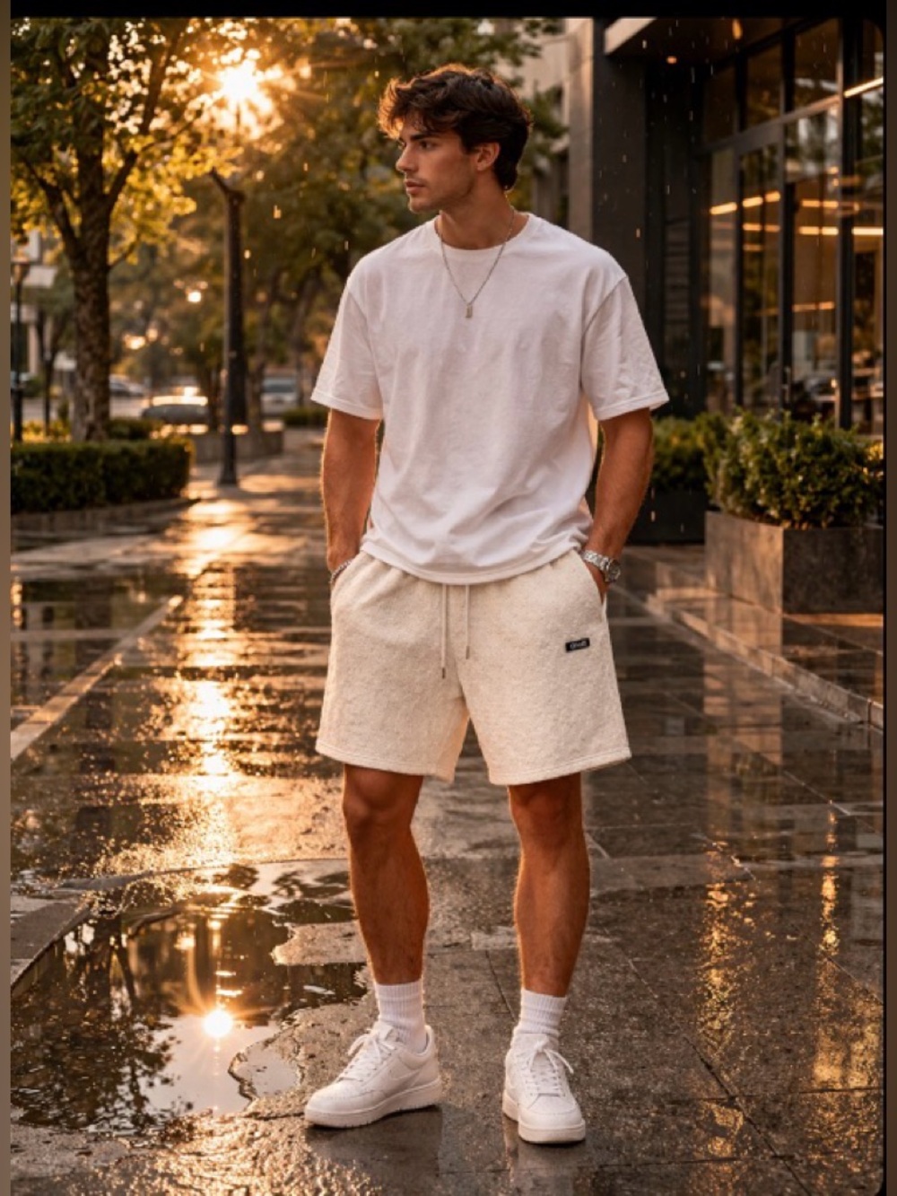 Men’s Cream Quilted Athletic Drawstring Shorts